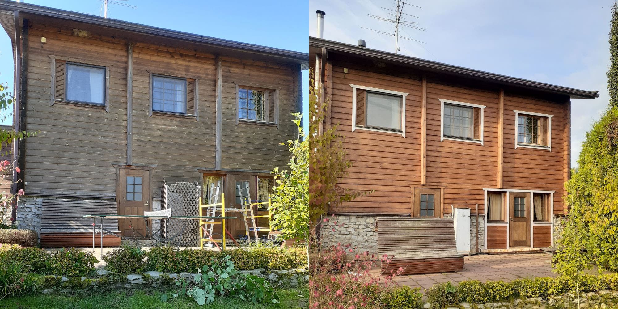 Отделка деревянного дома, работы по шлифовке и покраске до и после 